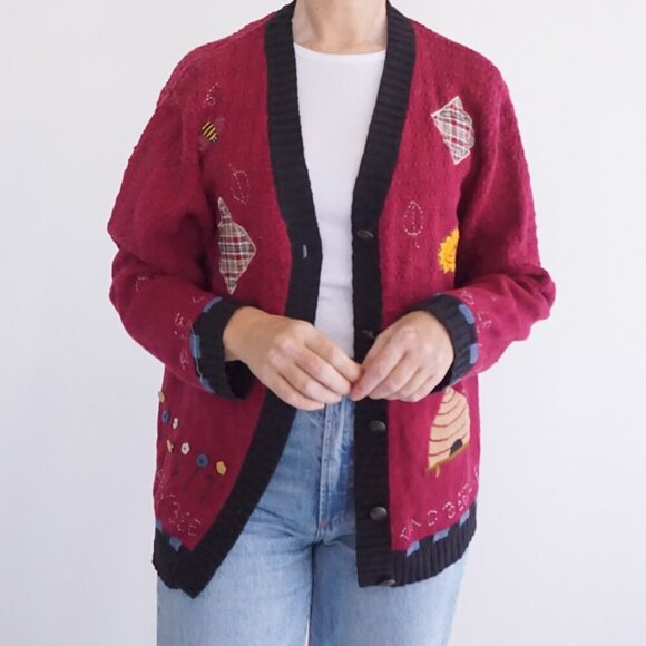 Vintage Quacker Factory Maroon Knit Embroidered Button Knit Cardigan Sweater M - Picture 2 of 11